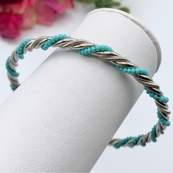 Fashion Jewelry Jewelry - Silver Tone Twisted Blue Seed Bead Bangle Bracelet